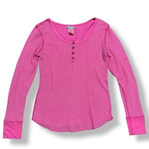 dELiA*s Y2K Womens Thermal Top L Pink Polka Dot Barbiecore Waffle Knit